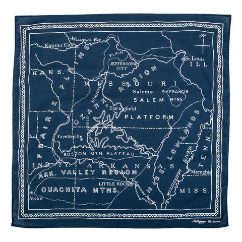 Ozarks map bandana cotton Ozark uplift mountains Arkansas Missouri Neckerchief Handkerchief Mollyjogger St Louis Kansas City Springfield Fayetteville